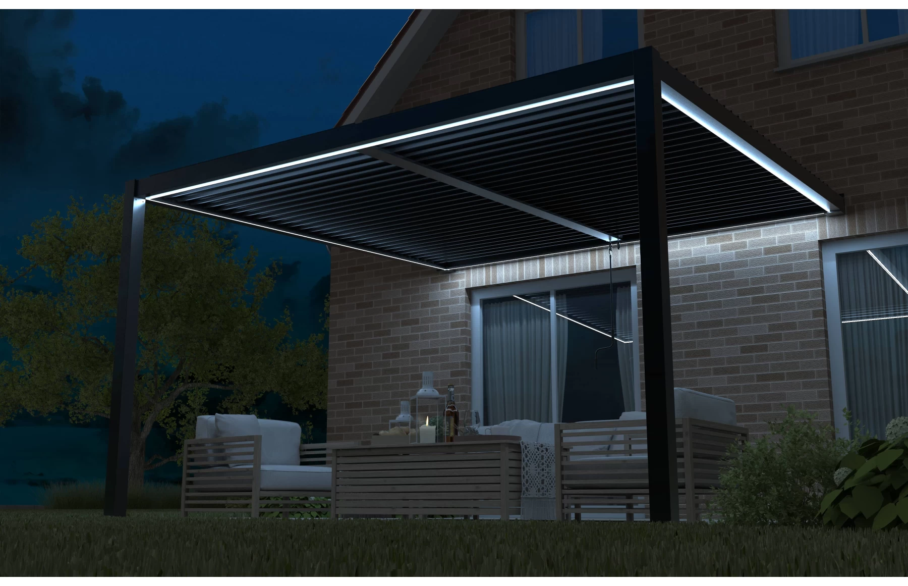 Pergola X Bioclimatica, Pavilion 4x7.8x2.3metri cu LED, prindere pe casa, Premium, Aluminiu
