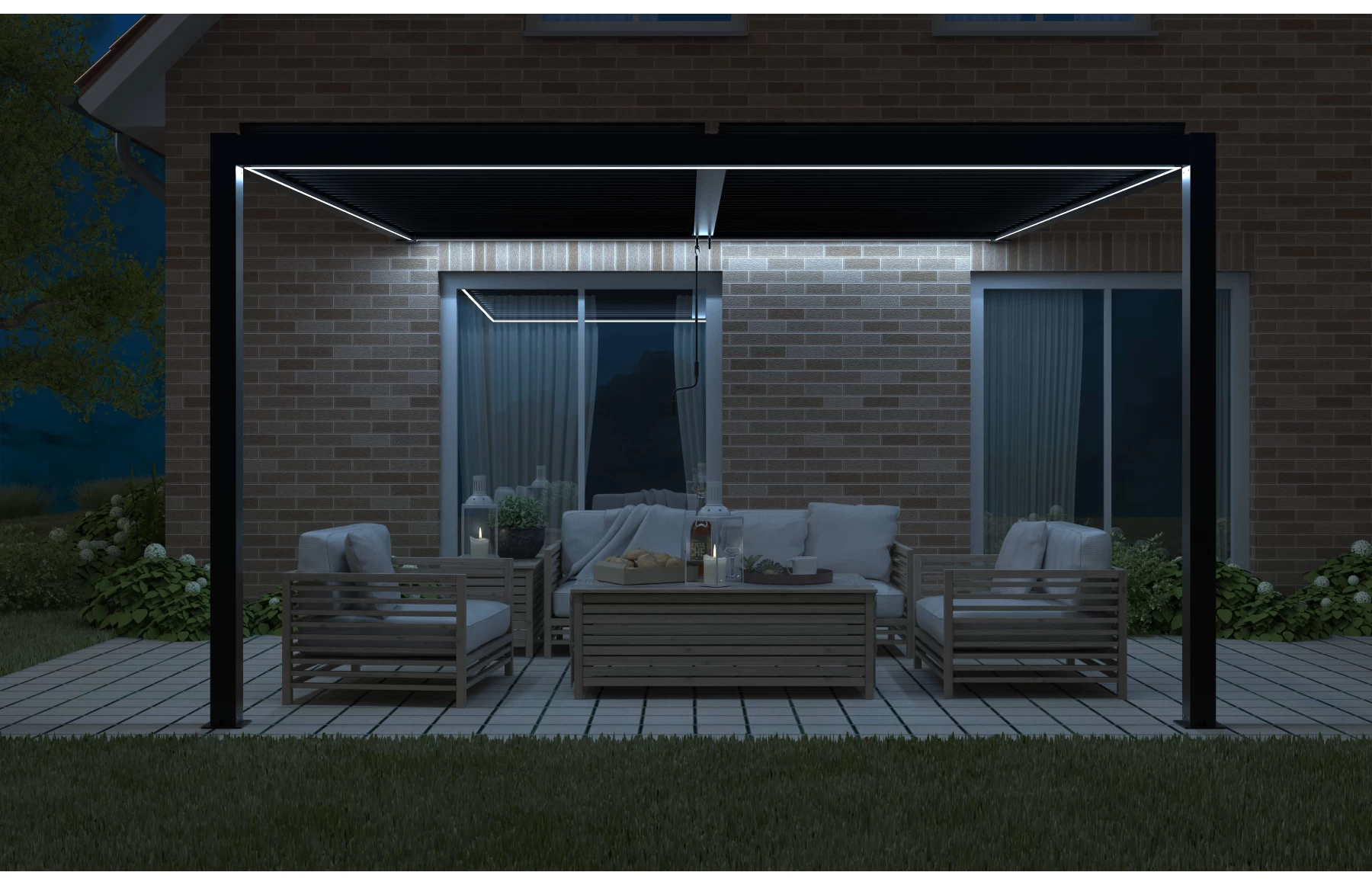 Pergola X Bioclimatica, Pavilion 4x7.8x2.3metri cu LED, prindere pe casa, Premium, Aluminiu
